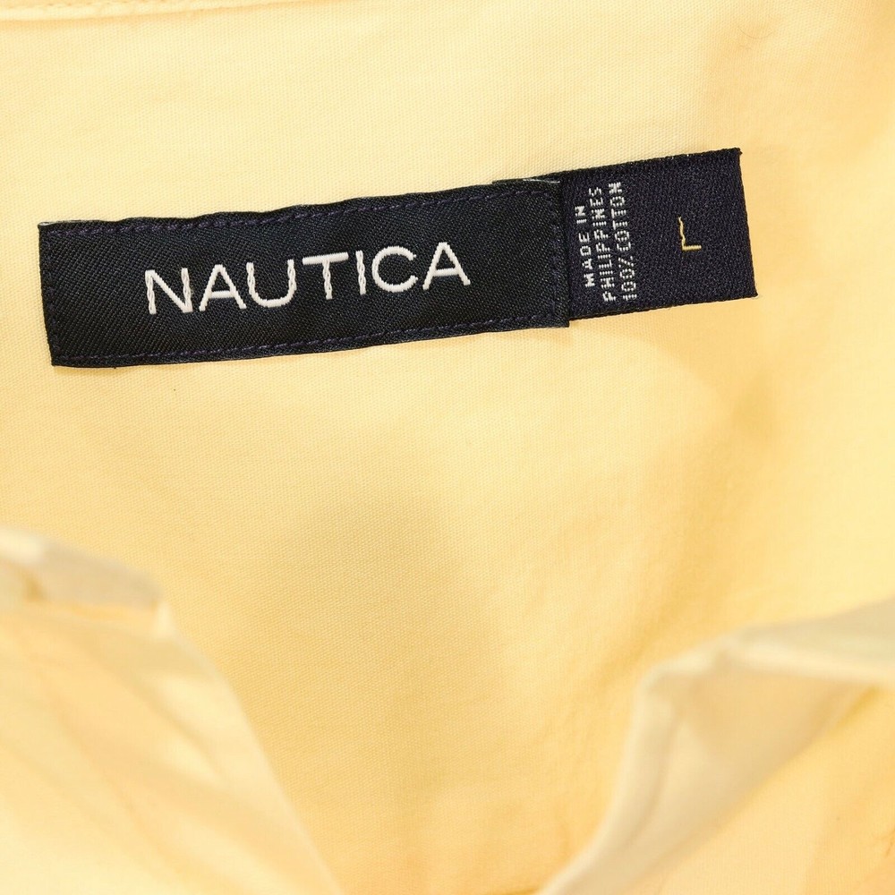 Nautica Mens Button Front Shirt L Large Pastel Yellow 100% Cotton Short Sleeve - Picture 10 of 10